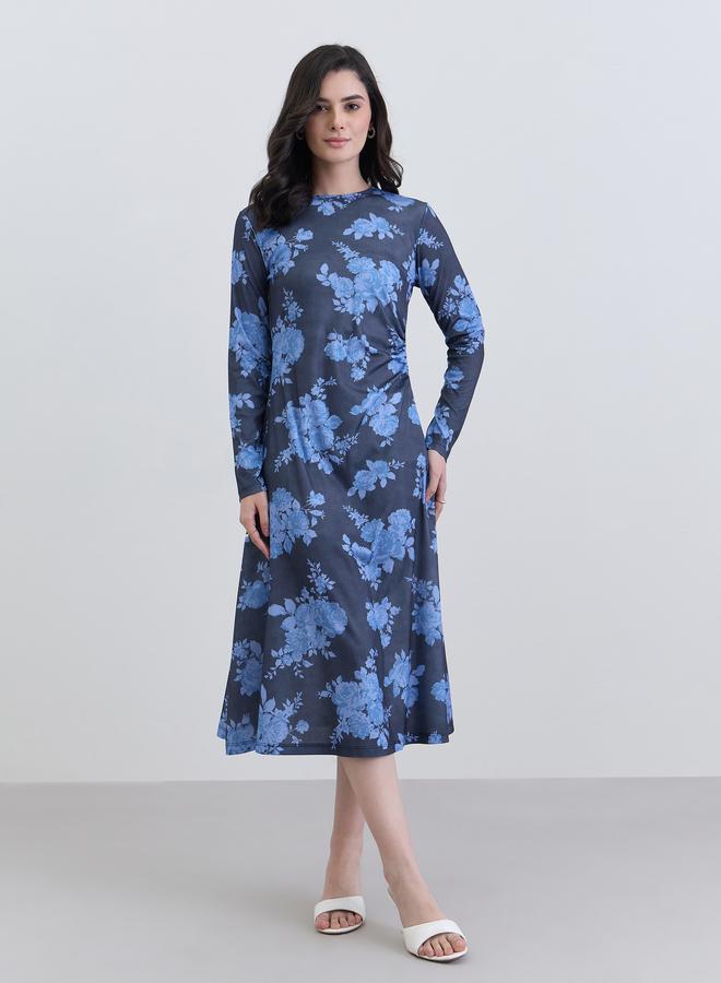 Styli Navy Blue Floral Print A-Line Midi Dress - Image 3